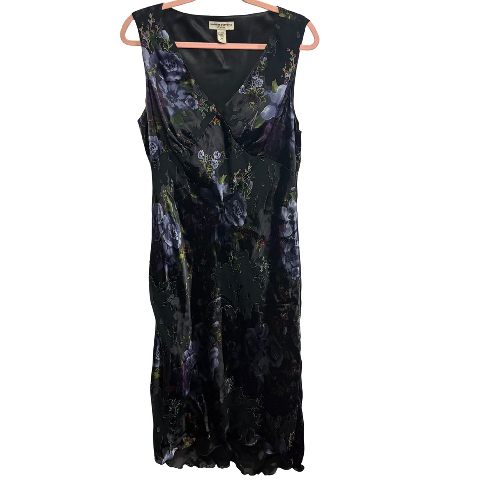 Valerie Stevens Silk Blend Floral Burnout Midi Dress Black Purple Beaded Size 16